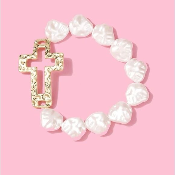 Ivory Pearl Gold Cross Stretch Bracelet - Picture 4 of 4